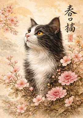 Cat with Cherry Blossoms