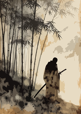 Samurai in Bamboo Forest Vintage