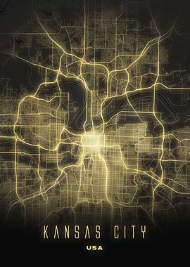 Kansas City, Missouri - Illuminated City Streets Map, USA Wall Art