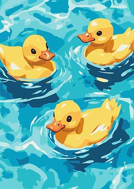 Three Cute Yellow Ducklings Swimming