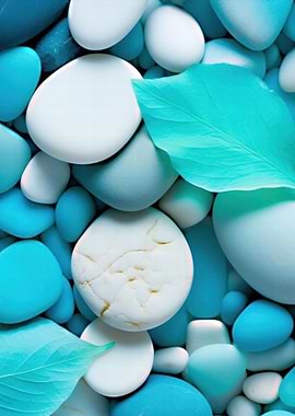 Blue and White Pebbles with Leaves