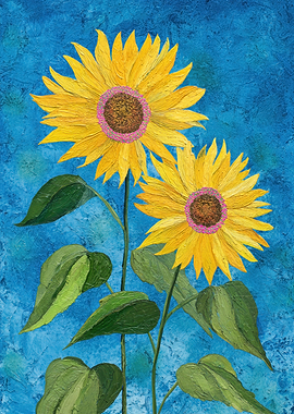 Two Sunflowers on Blue Textured Background