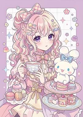 Cute Anime Girl with Sweets and Cinnamoroll