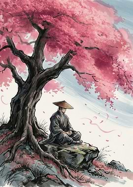 Monk meditating under a cherry blossom tree