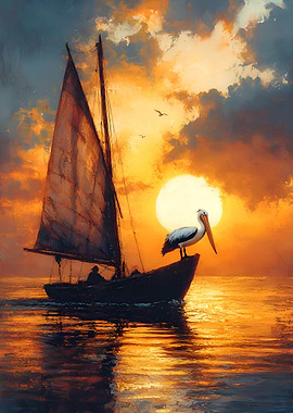 Pelican on a sailboat at sunset