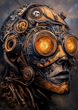 Steampunk Robot Head with Glowing Eyes