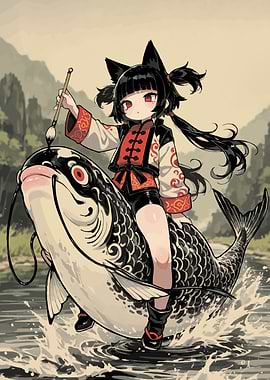 Anime Girl Riding a Giant Fish
