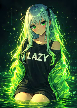 Anime Girl in Water with Green Glow