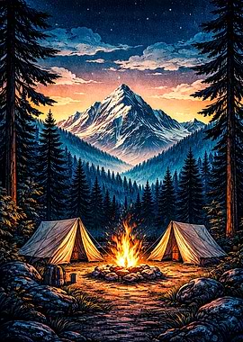 Mountain Camping at Sunset