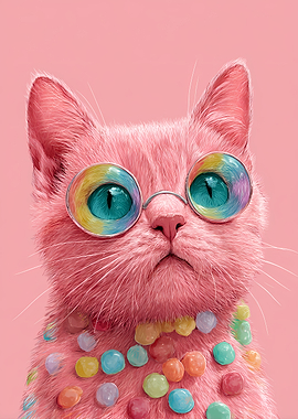 Pink Cat with Rainbow Glasses and Candy Necklace