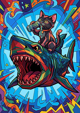 Cat Riding a Shark Drinking Monster Energy
