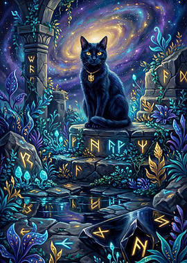 Mystical Black Cat in Cosmic Ruins