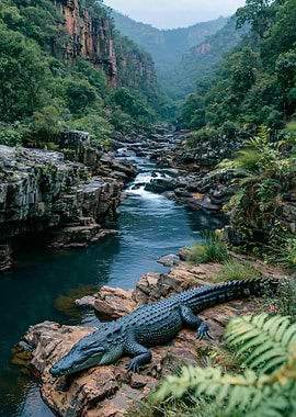 Crocodile in a Lush River Gorge