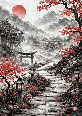 Japanese Mountain Village with Cherry Blossoms