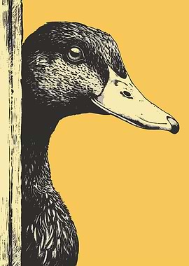 Duck peeking from behind a wooden post