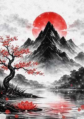 Japanese Mountain Landscape with Cherry Blossoms
