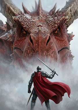Knight faces a giant red dragon