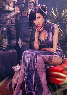 Tifa Lockhart in a Cheongsam with a Cat