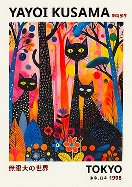 Yayoi Kusama Black Cats Painting