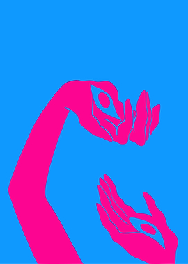 Pink Hands with Eyes on Blue Background