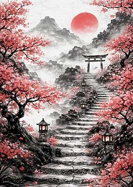 Japanese Mountain Path with Cherry Blossoms