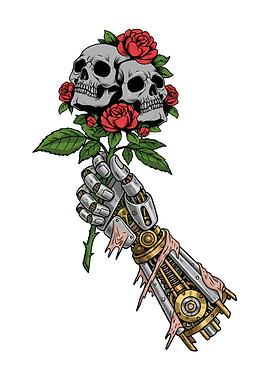Robotic Hand Holding Skulls and Roses