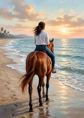 Woman Riding Horse on Beach at Sunset