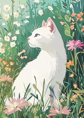 White Cat in a Floral Meadow