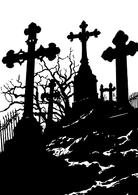 Silhouette of a spooky graveyard at night