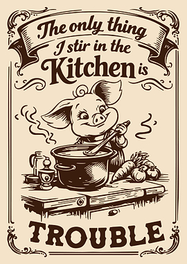 Funny Kitchen Trouble Poster, Vintage Pig Cooking Wall Art, Whimsical Chef Humor Print