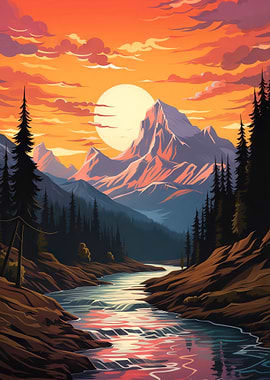 Sunset Over Mountain River