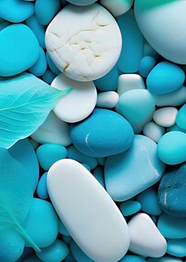 Blue and White Pebbles with Leaf