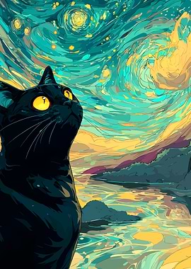 Black Cat Under Starry Sky