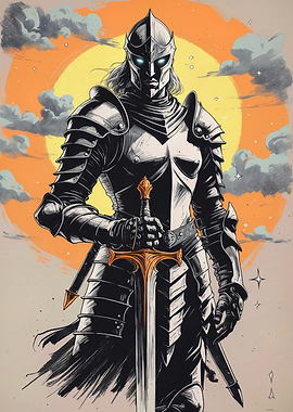 Night Sentinel – Armored Knight with Glowing Eyes and Golden Sword