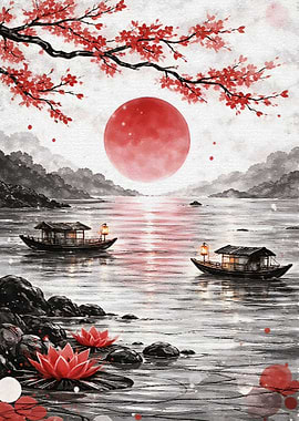 Japanese Watercolor Landscape with Boats and Cherry Blossoms
