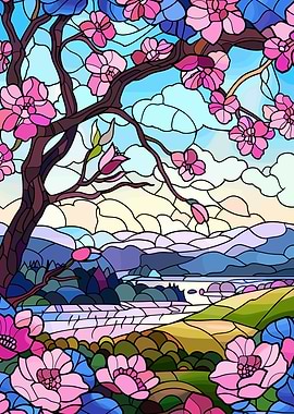 Stained Glass Cherry Blossoms Landscape