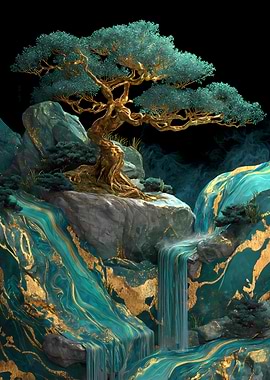 Golden Bonsai Tree Waterfall