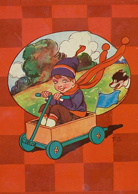 Child riding a wagon with a dog