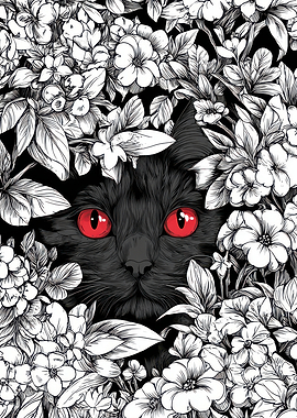 Black Cat with Red Eyes in Flowers