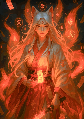 Kitsune with Fiery Tails and Talismans