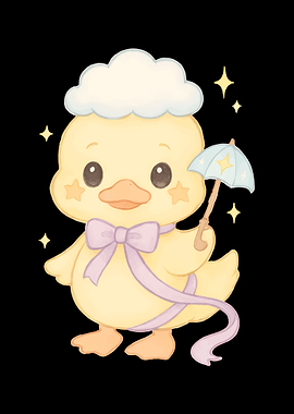 Cute Duckling with Umbrella and Stars