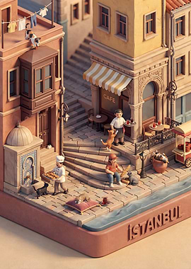 Isometric Istanbul Street Scene with Cats