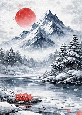 Winter Mountain Landscape with Red Sun and Lotus