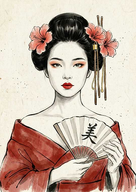 Geisha with Fan and Flowers