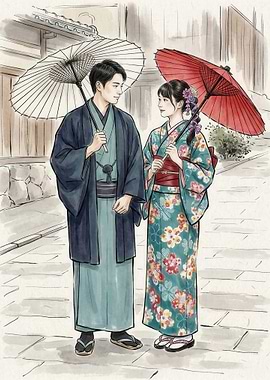 Couple in Kimono with Umbrellas