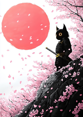 Samurai Cat Under Cherry Blossoms