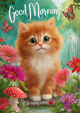 Cute Kitten with Flowers and Butterflies