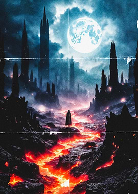 Figure in a dark fantasy landscape