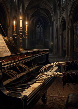 Skeleton Hands Playing Piano in Gothic Church