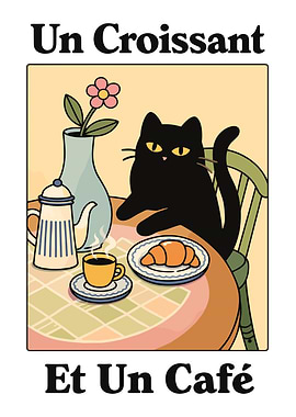 Black Cat with Croissant and Coffee